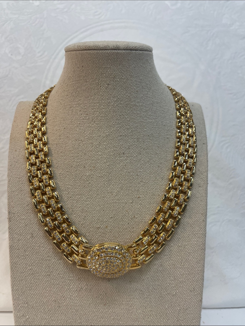 Gold-Tone Triple-Row Crystal Medallion Necklace